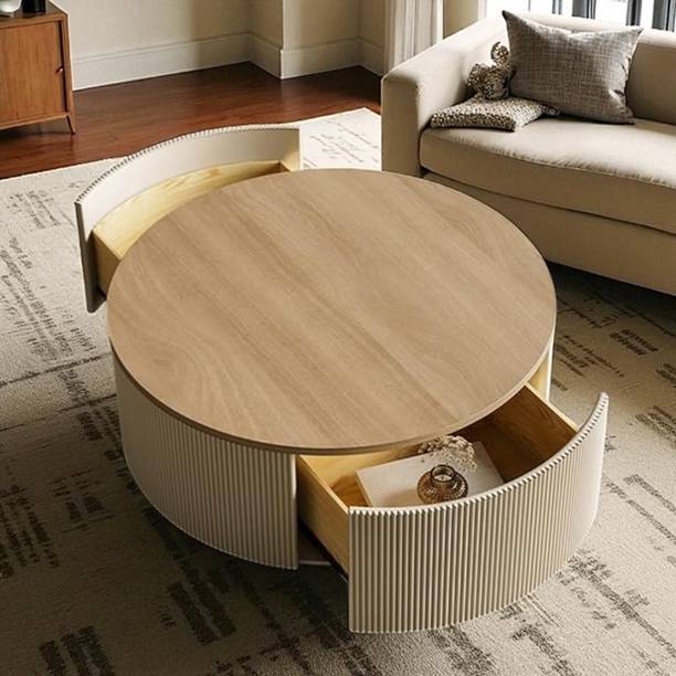 Radha Impex Modern Sculptural Fluted Round Coffee Table with Dual Concealed Drawers Solid Wood Coffee Table