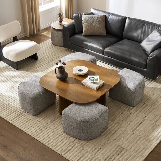 Klofiy Solid Wood Coffee Table with 4Stool/ Mahogany finish Coffee Table(Grey Fabric) Solid Wood Coffee Table