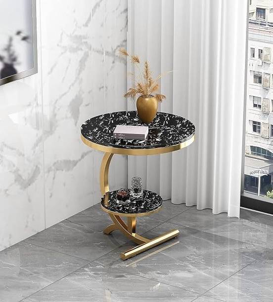 Suhailbrothers Round Side Table with 2-Tier Marble Top Engineered Wood Bedside Table