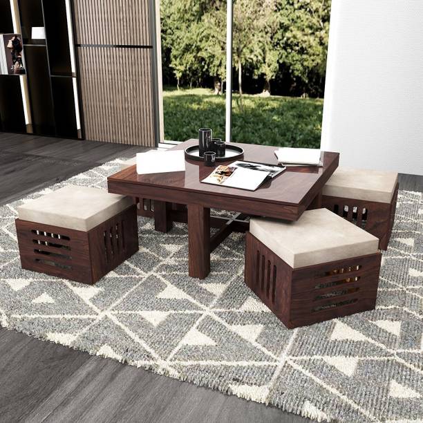 Wopno Furniture Pure Sheesham Center Tea Table Living Room Coffee Table With 4 Stool Solid Wood Coffee Table