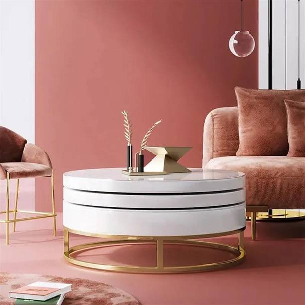 NG Decor White Round Modern Wood Swivel Coffee Table/center table with Storage in Gold Engineered Wood Coffee Table