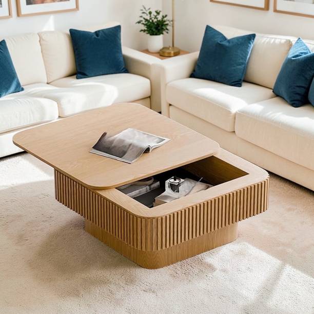 Tanush Furnitures Rio Fluted Wooden Coffee Table with Hidden Storage and Mica Laminated Top Engineered Wood Coffee Table