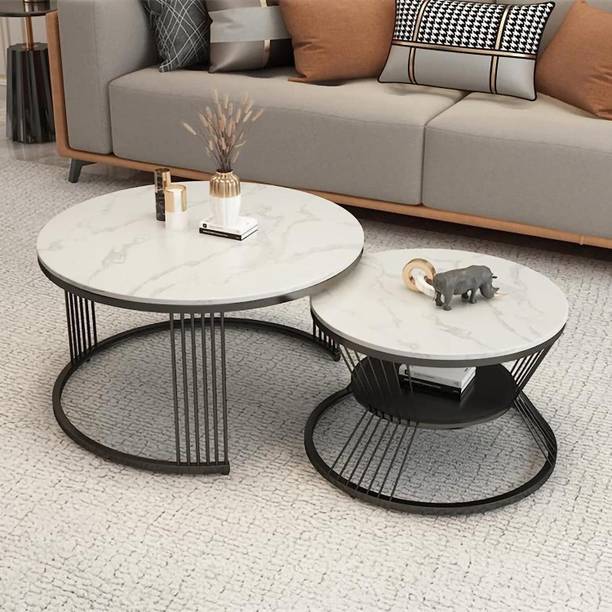 The Evozal Craft Iron Frame Round Coffee Table Set 2 Piece, Nesting Table( Black White ) Engineered Wood Coffee Table
