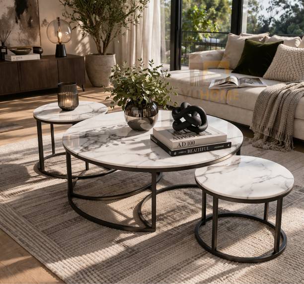 Vuhome Round Coffee table set of 3 with marble MDF Top for living room furniture Engineered Wood Coffee Table