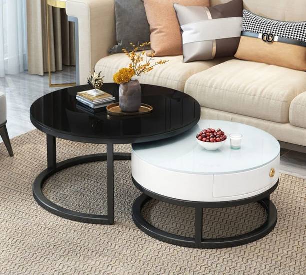 Expressow Enterprises Round Coffee Table with Drawer & Metal Frame Modern Living Room Centre Table Engineered Wood Coffee Table