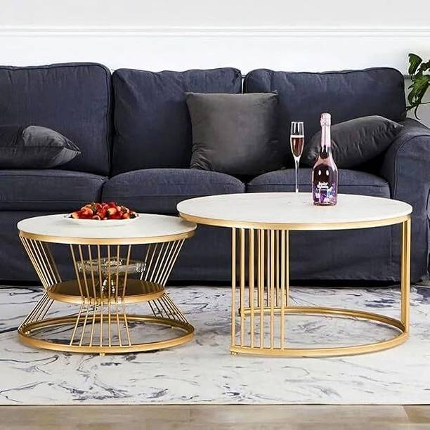 Mysoor art handicrafts Coffee Table Set with White Marble Top and Gold Metal Frame Engineered Wood Coffee Table