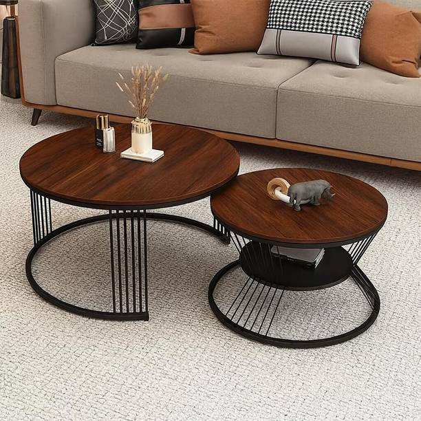 Vuhome Round Coffee Table With Antique MDF Top Set of 2 for Living Room Engineered Wood Coffee Table