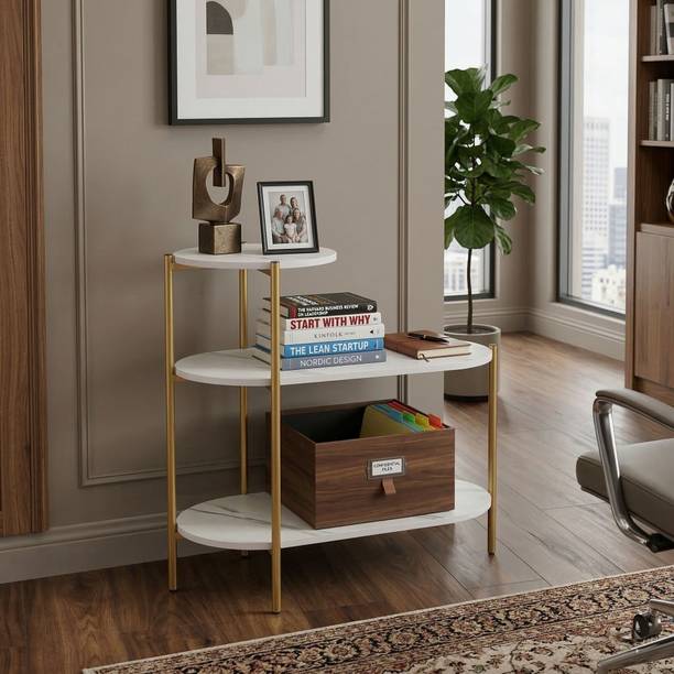 Virah 3-Tier Oval-Shaped Coffee Table|Marble-Coated Wooden Shelves|Gold Metal Frame. Engineered Wood Coffee Table