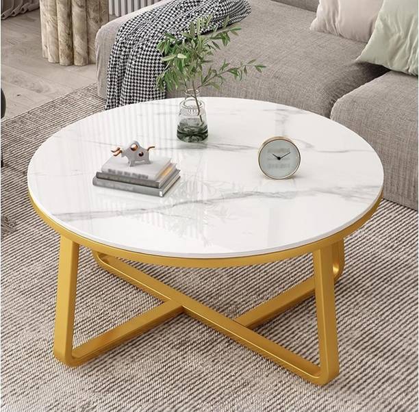 Vuhome Round Coffee table with marble MDF Top & golden frame for Home decor furniture Engineered Wood Coffee Table