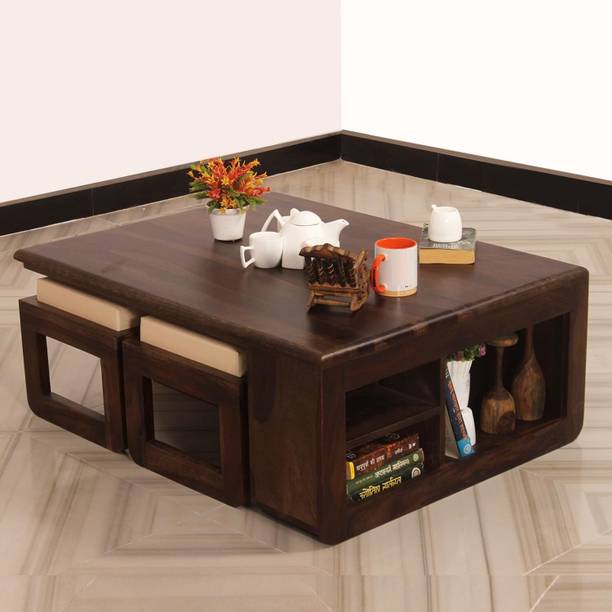 NIDHIWOOD Wooden Coffee Table with 4 Stools | Centre Table for Living Room with Storage Solid Wood Coffee Table