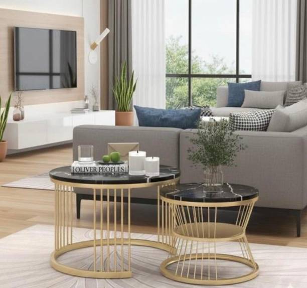 Gaxi Trendy Circular Marble & Gold Side Tables Engineered Wood Coffee Table