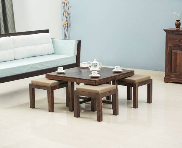 Woodefly Sheesham Wood Coffee Table Set with 4 Stools for Living Room/Bedroom/Hotel Solid Wood Coffee Table