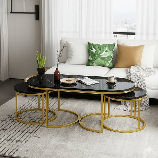 Mysoor art handicrafts Oval Low Table with 2 Small Tables Thick Wooden Top for Living Room Coffee Table Engineered Wood Coffee Table