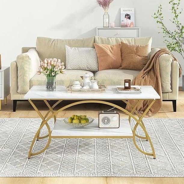 Artisanvibes Modern Coffee Table with Storage Shelf | Gold Metal Frame Engineered Wood Coffee Table