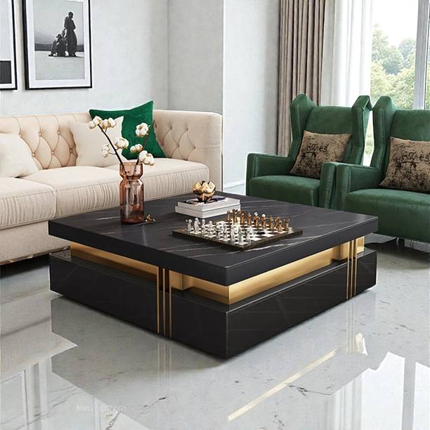 Tanush Furnitures Modern Black Wooden Coffee Table with Gold Accents & Hidden Storage Drawers Engineered Wood Coffee Table