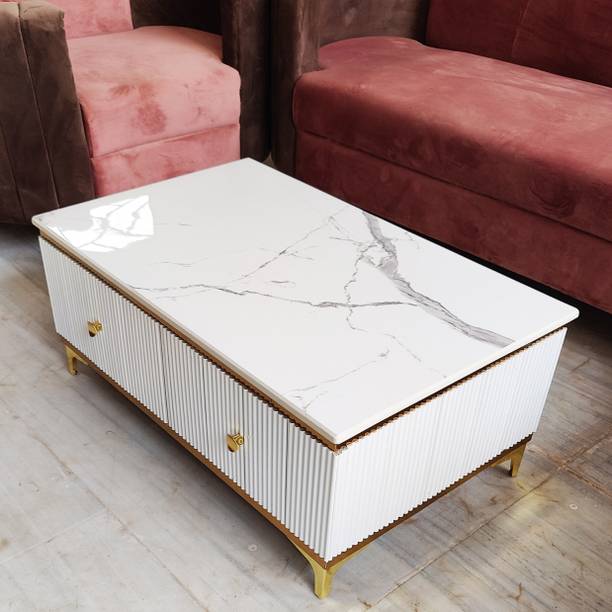Woodenspace Premium Marble-Top Center Table With Storage - Iron Legs, Wooden Structure Solid Wood Coffee Table