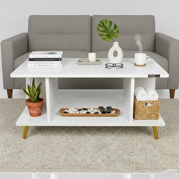 Urbanovia Wooden Centre Table with Shelf Storage and Golden Metal Legs Engineered Wood Coffee Table