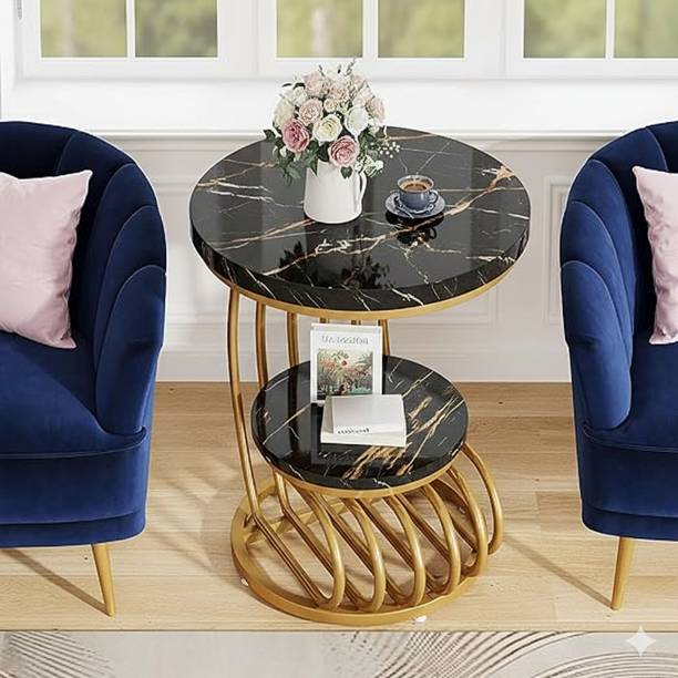 ALM SHOPPEE Round End Table – Walnut Finish Top with Stylish Black Arc Metal Frame Engineered Wood Bedside Table