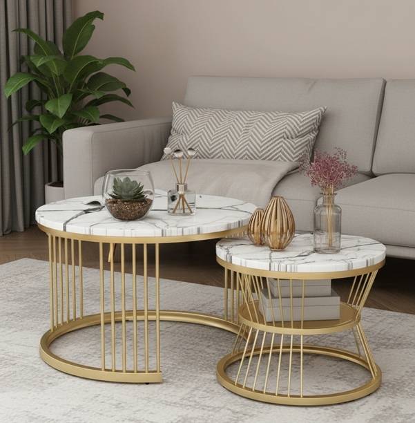 Craftingking Elegant Round Coffee Table with Gold Metal Base & Marble Finish Top – 22 Inch Engineered Wood Coffee Table