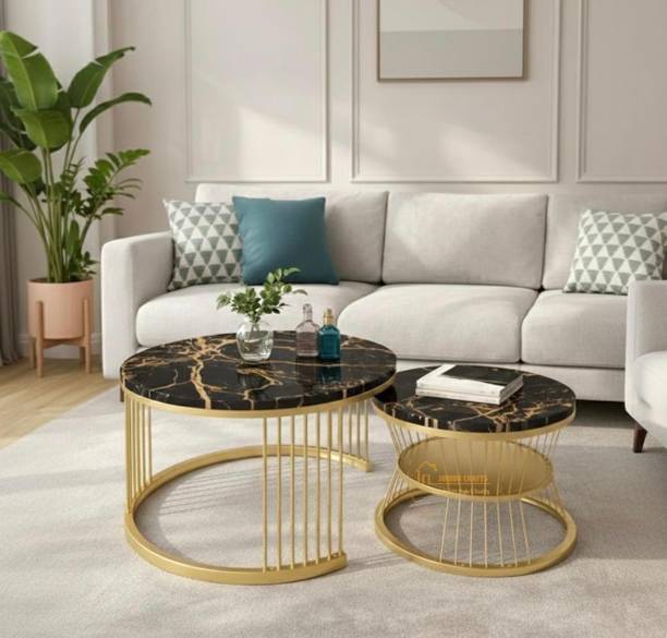Gaxi Sleek Black Marble Duo with Metallic Base Engineered Wood Bedside Table