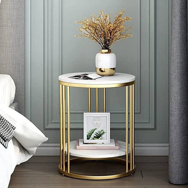SH WOOD HANDICRAFTS Modern Round Metal Side Table with Marble Finish Top & Gold Frame Engineered Wood Coffee Table