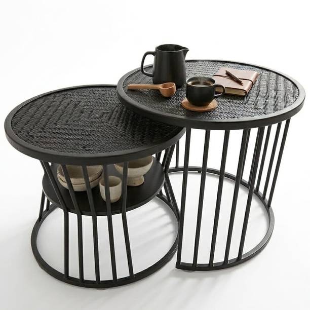 lura Nesting Coffee Table Set of 2 Round Modern Metal Frame Wooden Top Solid Wood Coffee Table