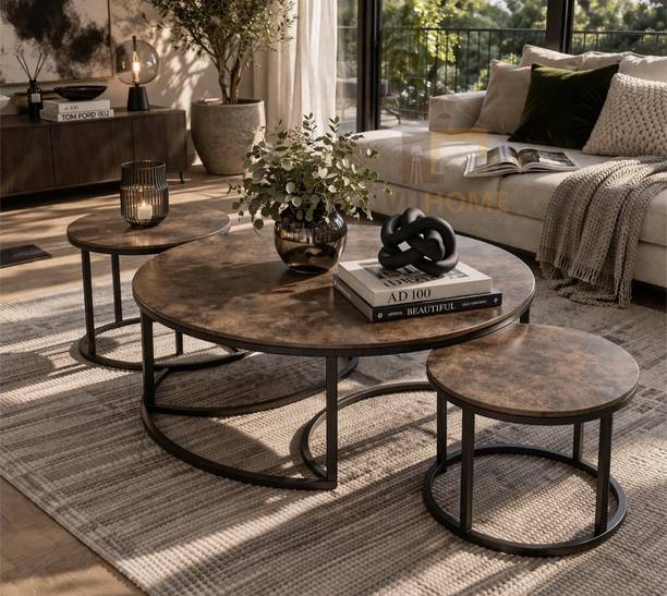Vuhome Round Black Coffee table with antique design set of 3 table for living room Engineered Wood Coffee Table