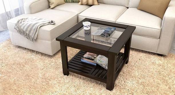 WOODTREND Solid Wood Coffee Table with Glass Top Storage Shelf for Living Room Solid Wood Coffee Table