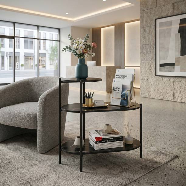 Virah 3-Tier Oval-Shaped Coffee Table|Marble-Coated Wooden Shelves|Gold Metal Frame. Engineered Wood Coffee Table