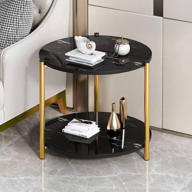 Virah 2-Tier Round Coffee Table with Marble Look Top|Gold Metal Frame|Accent Table. Solid Wood Coffee Table