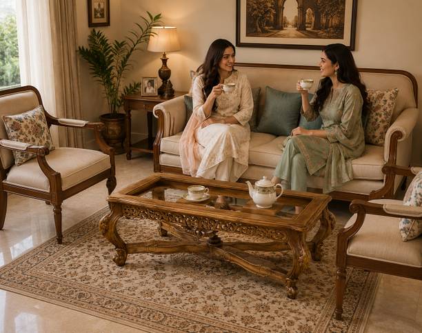 ALFA ENTERPRISES Royal Crest Carved Living Room Center Table with Floral Design, Elegant Curves Solid Wood Coffee Table