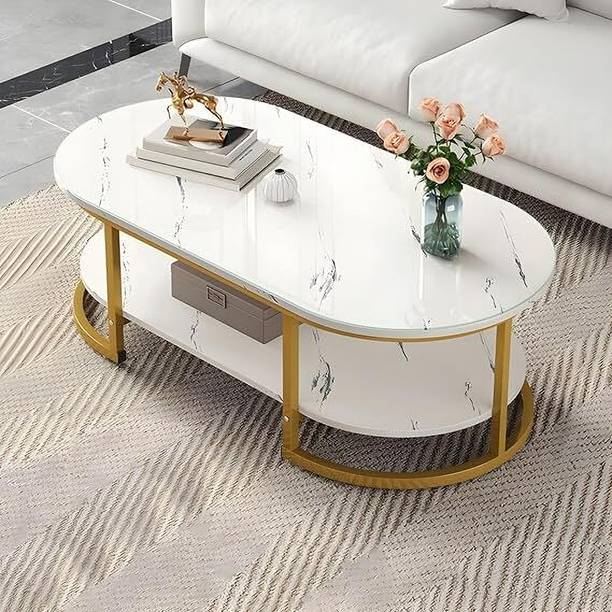 Mysoor art handicrafts Modern Oval Marble MDF Top Coffee Table, Centre Table with Gold Metal Base Engineered Wood Coffee Table