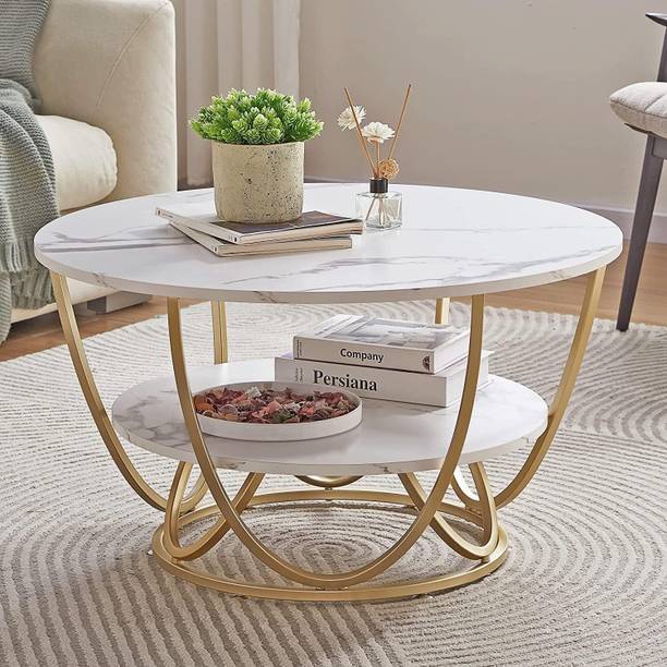 MARYAM WOOD HANDICRAFT Modern Round Coffee Table With Storage Shelf - Golden White Engineered Wood Coffee Table