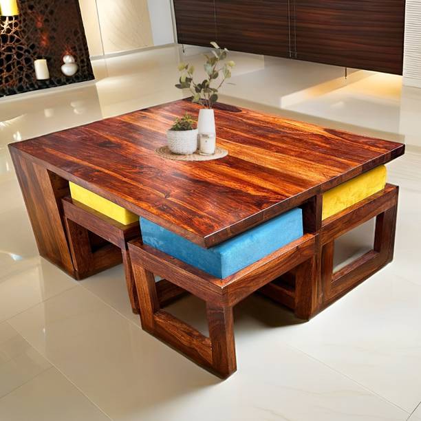 Shagun Arts Solid Sheesham Wood Coffee Table With Four Stools For Living Room/ Hotel/ Café | Solid Wood Coffee Table