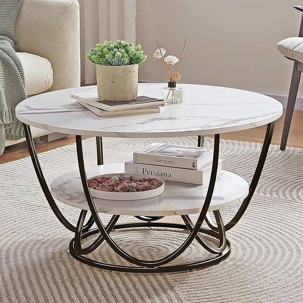 Artisanvibes Luxury Round Coffee Table with Marble Finish Top & Golden Metal Frame – 2-Tier Engineered Wood Coffee Table