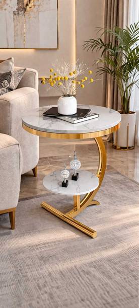 HabdicraftAtoZ Round C-Shape Side Table with Marble Top - Gold Metal Frame 2-Tier End Table Engineered Wood Coffee Table