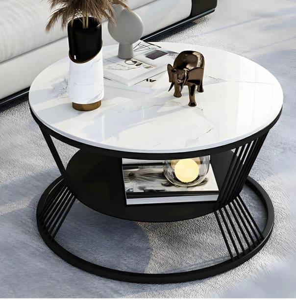 woodsy shoppe Minimalist White Marble Top Center Table - Black Industrial Metal Base Engineered Wood Coffee Table