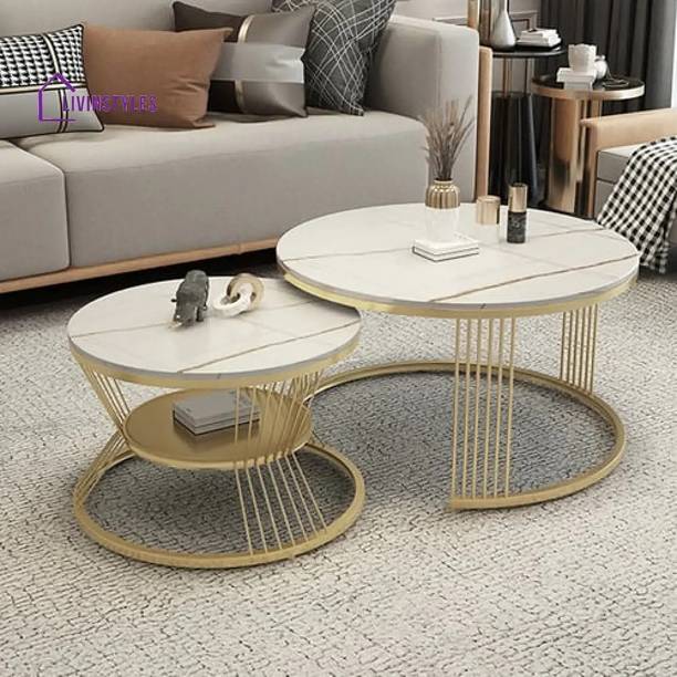 ALMSHOPEE Round Coffee Table for Living Room Nesting Center Table Set Marble Finish Top Engineered Wood Coffee Table
