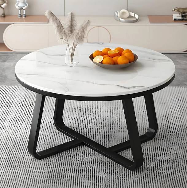 MH Enterprises Modern Round Black Marble-Effect Coffee Table with Metal Frame for Living Room. Engineered Wood Coffee Table