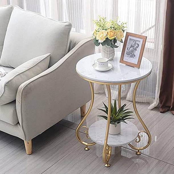 WOOD KARTINDIA Round Marble Top Side Table With Gold Metal Frame | Modern 2-Tier Design Engineered Wood Coffee Table