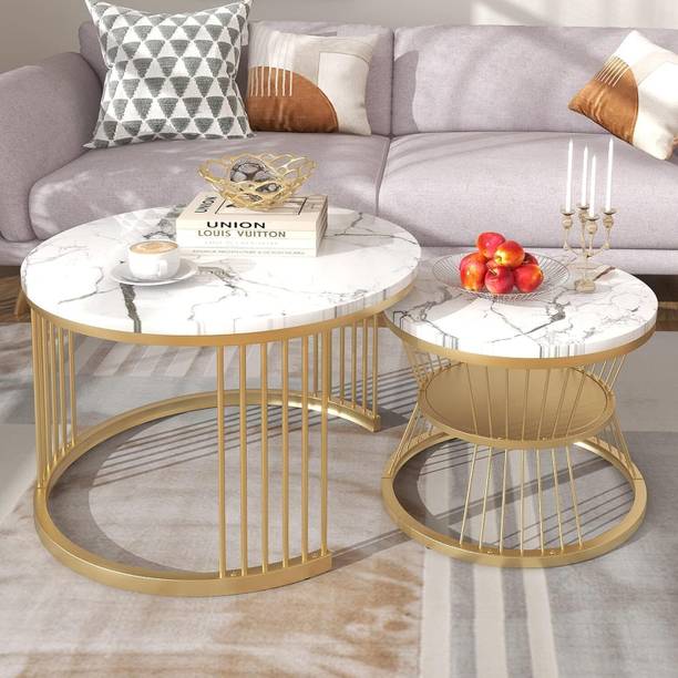 The Evozal Craft Iron Frame Round Coffee Table Set 2 Piece, Nesting Table (White Gold ) Engineered Wood Coffee Table