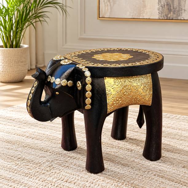 preet gallery Handcrafted Wooden Elephant Side Table & Stool with Brass Embossed Detailing | Solid Wood Coffee Table