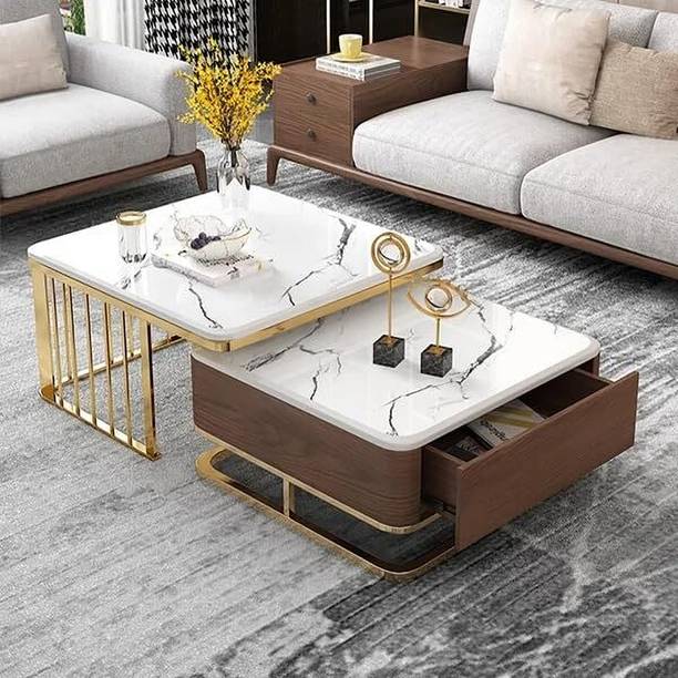 Aaliya mart Luxury Marble Top Center Table Set | Modern Dual-Layer Coffee Table with Drawer Engineered Wood Coffee Table