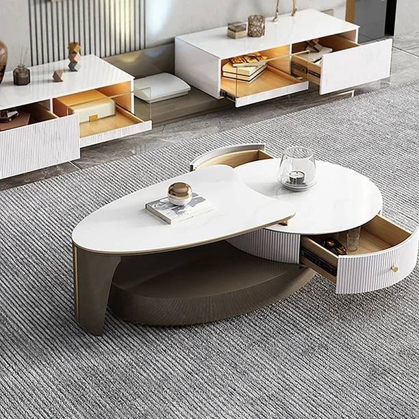 KDINTERIORS Modern Round Lift-Top Wood Nesting Coffee Table with Rotatable Drawers Engineered Wood Coffee Table