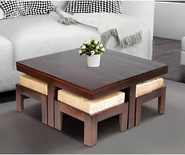 Taskwood Furniture Solid Wood Sheesham Wood Coffee Table With 4 Stools For Living Room, Guest Room Solid Wood Coffee Table