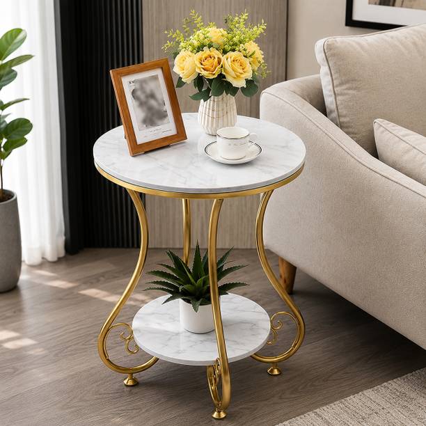 Wellwoodmart Luxury Gold Metal Coffee Table with Marble Top & Storage Shelf Metal Coffee Table