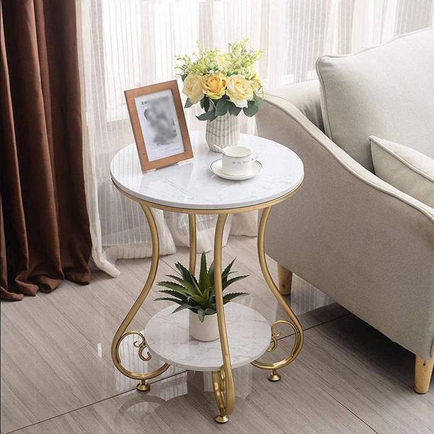 Alenz Round Side Table Gold Metal Frame, 2 Tier Coffee Table For Living Room Bedroom Engineered Wood Coffee Table