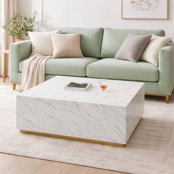 Tanush Furnitures Handcrafted Wooden Coffee Table Featuring Elegant White Marble Texture Engineered Wood Coffee Table