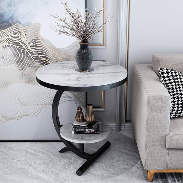 MartDecor Round Marble Top Side Table with Gold Wrought Iron Frame & Storage 16x20 Inch Engineered Wood Coffee Table