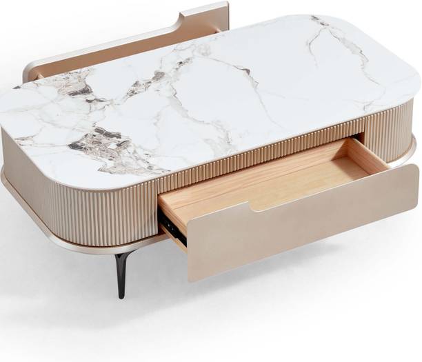 Woodenspace Marble Top Wooden Center Table with Drawer Storage Living Room,Office | Iron Leg Solid Wood Coffee Table